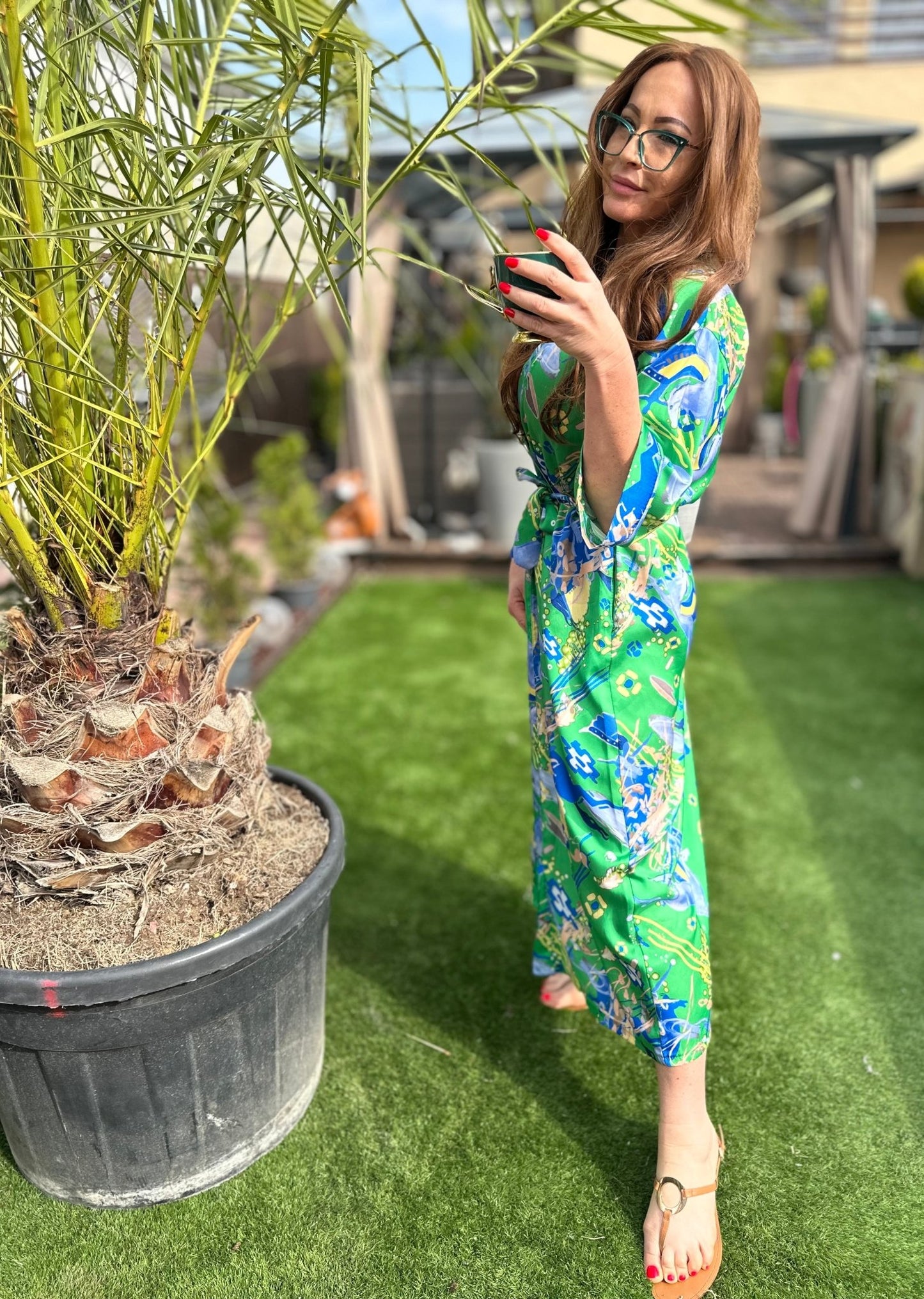 AFRODITE zöld kék mintás nyári kimono / köntös / ruha - BELADY