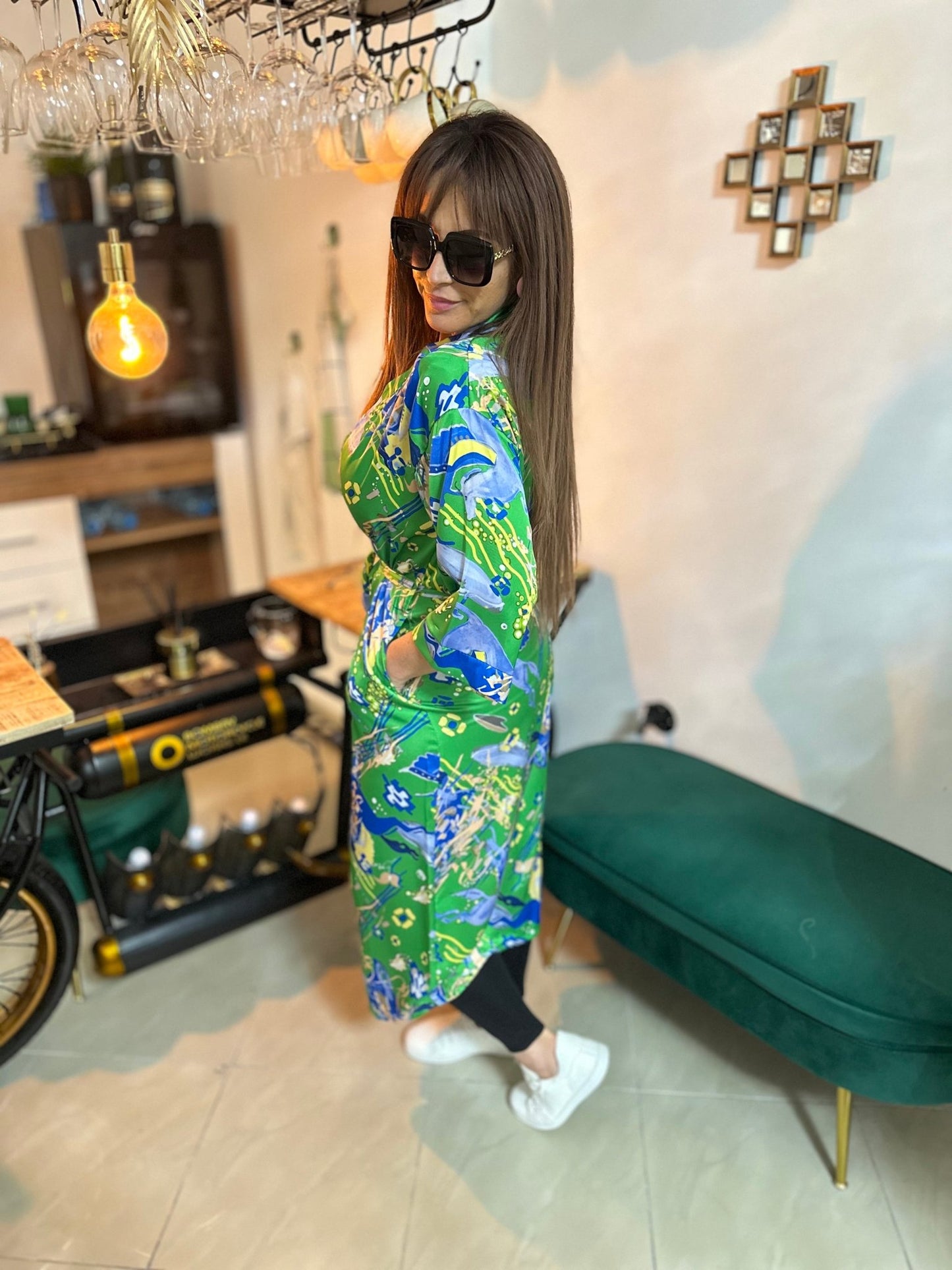 AFRODITE zöld kék mintás nyári kimono / köntös / ruha - BELADY
