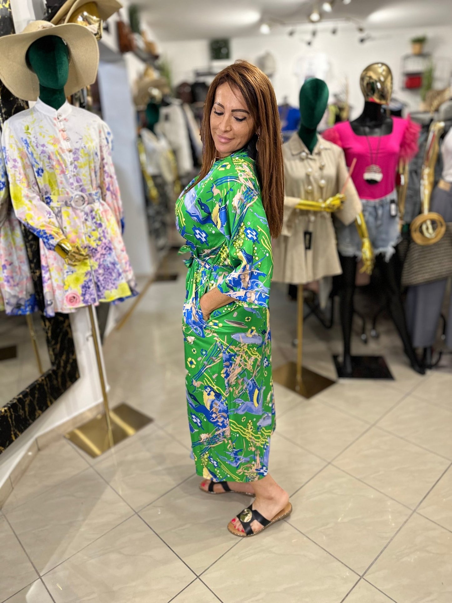 AFRODITE zöld kék mintás nyári kimono / köntös / ruha - BELADY