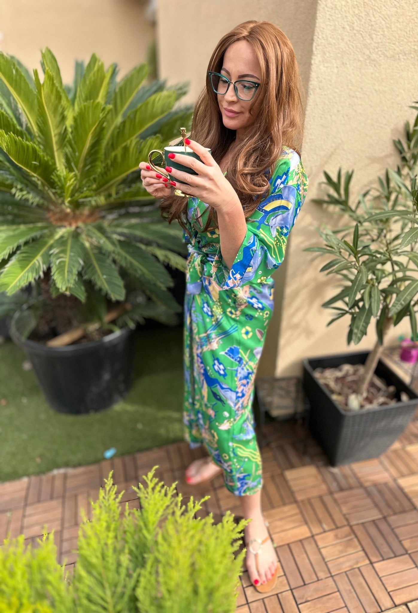 AFRODITE zöld kék mintás nyári kimono / köntös / ruha - BELADY