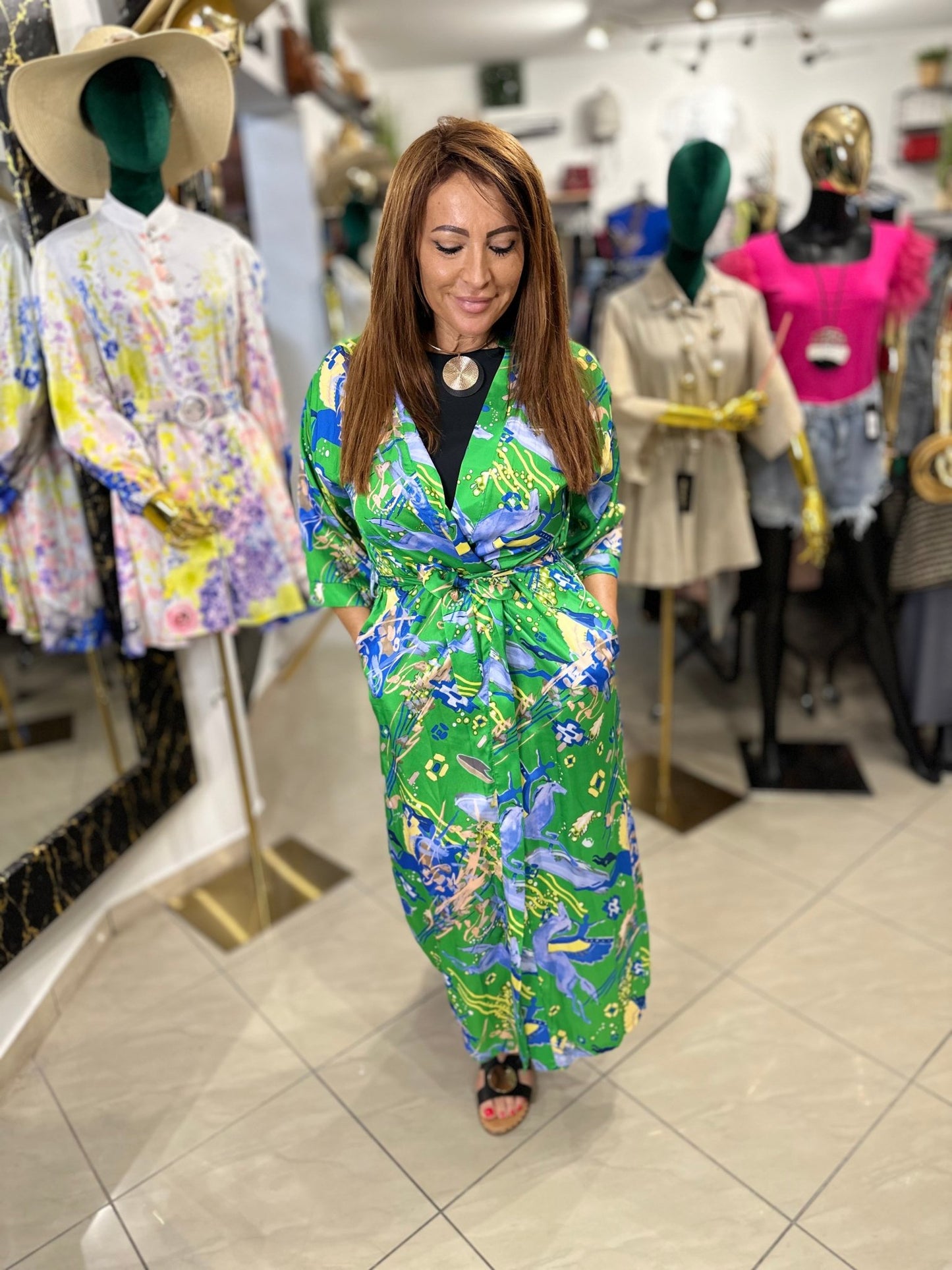 AFRODITE zöld kék mintás nyári kimono / köntös / ruha - BELADY