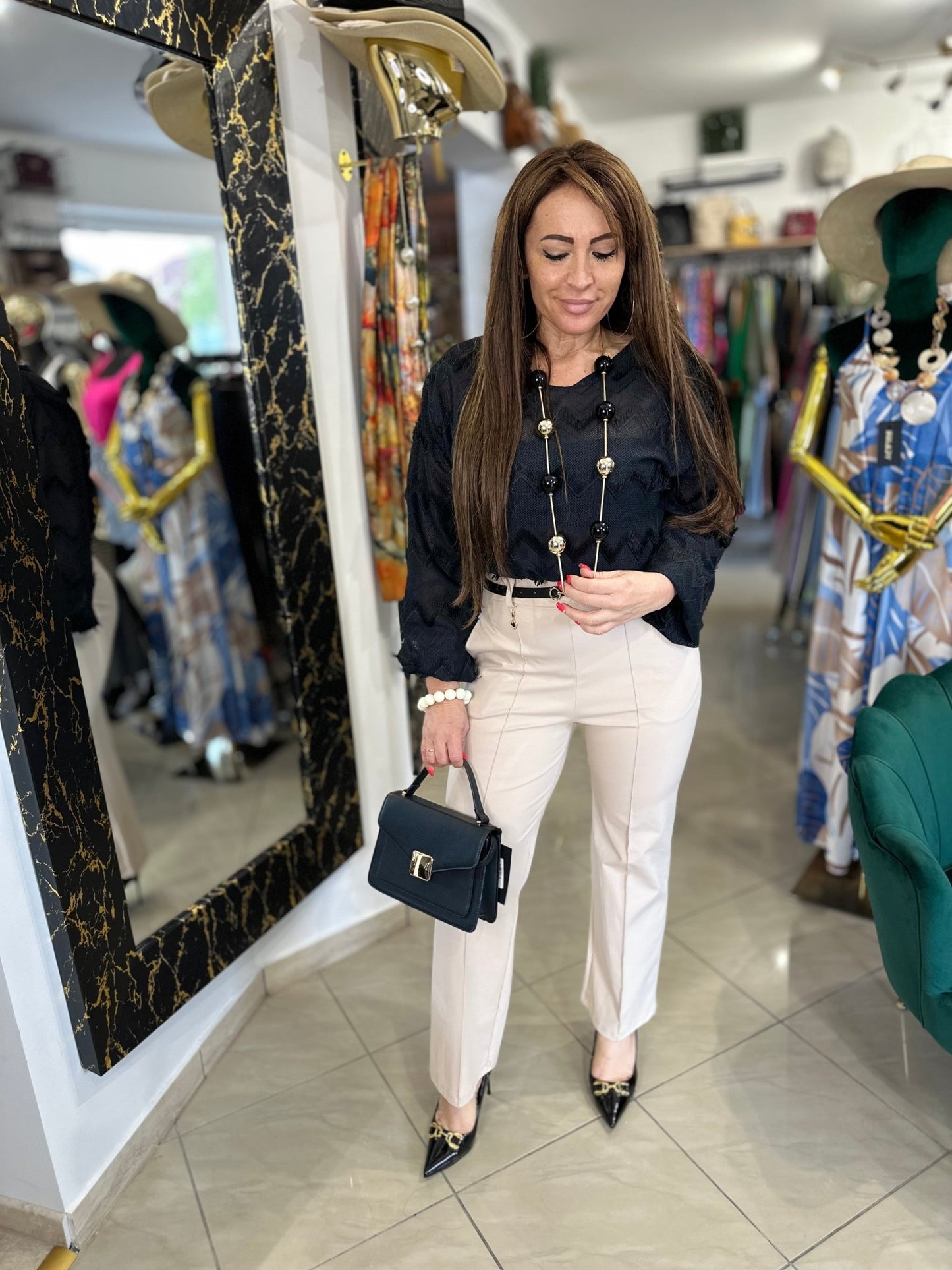 AMIRA bézs elasztikus nyári nadrág övvel - BELADY