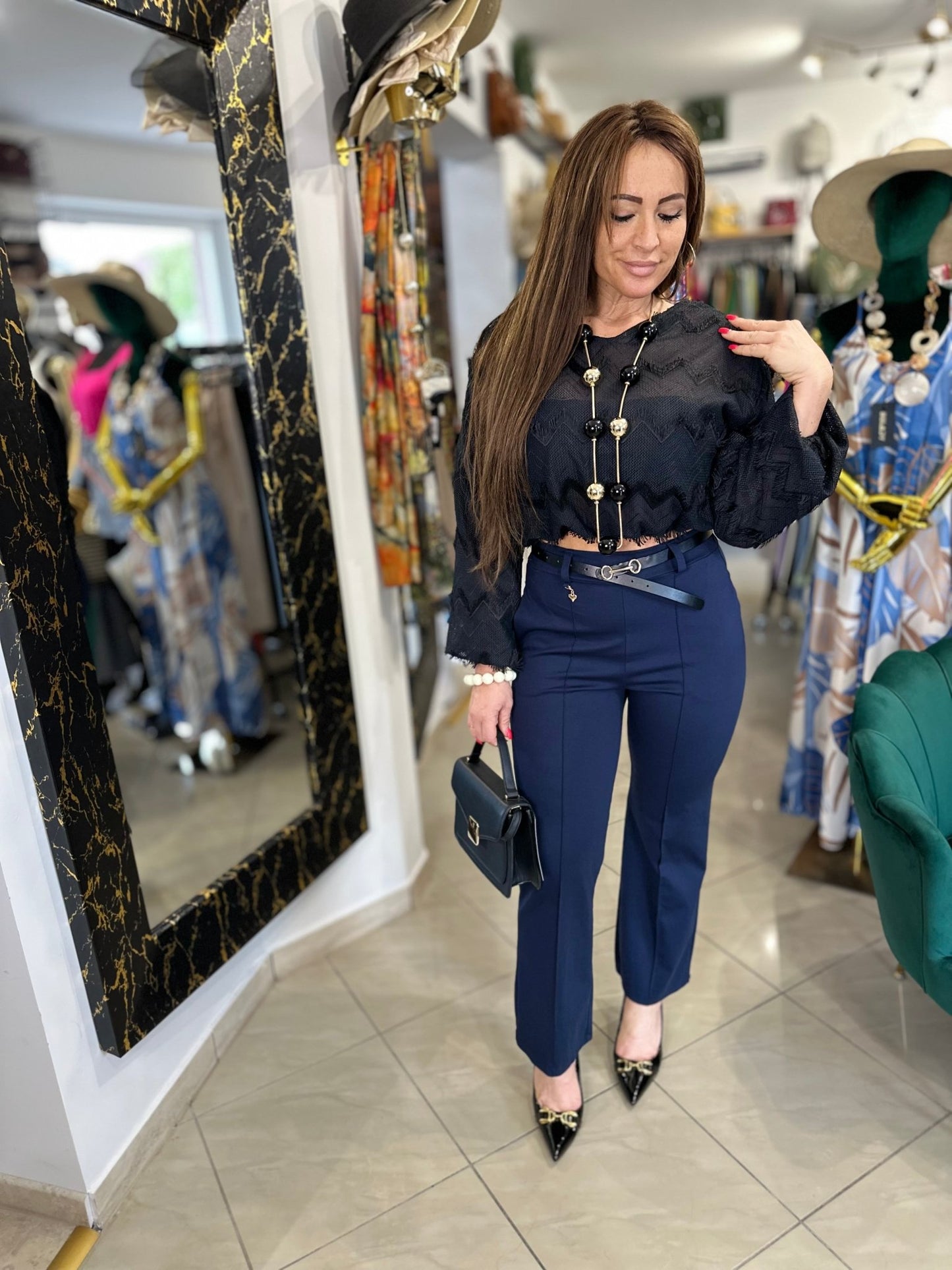 AMIRA sötét kék elasztikus nyári nadrág övvel - BELADY