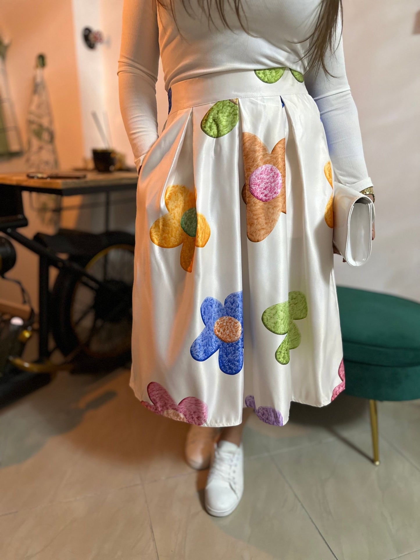 ANITA fehér virág mintás gumis szoknya - BELADY