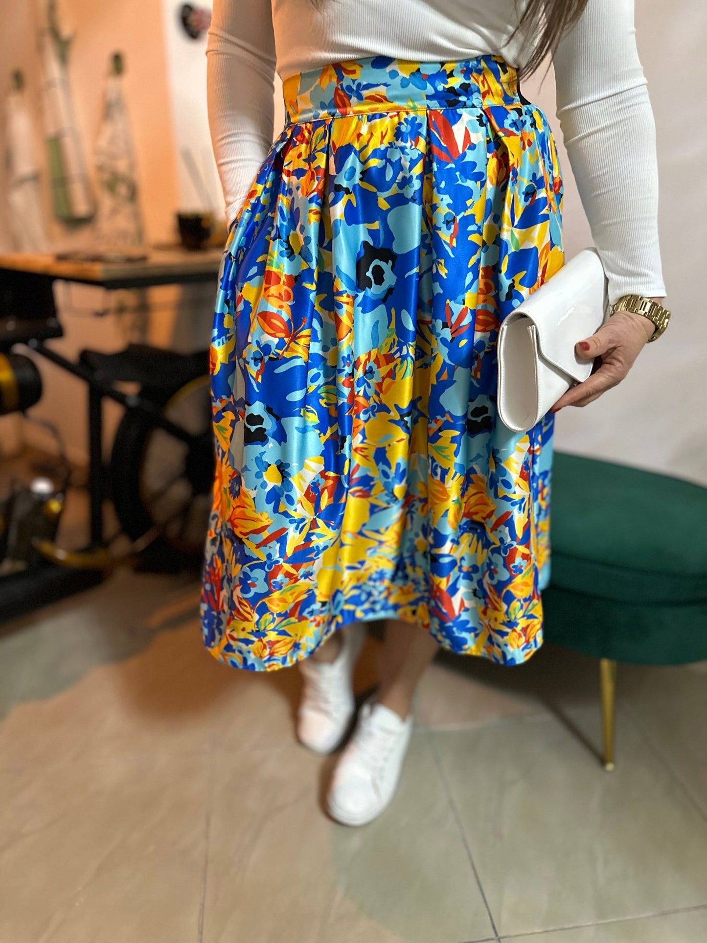 ANITA kék sárga virág mintás gumis szoknya - BELADY