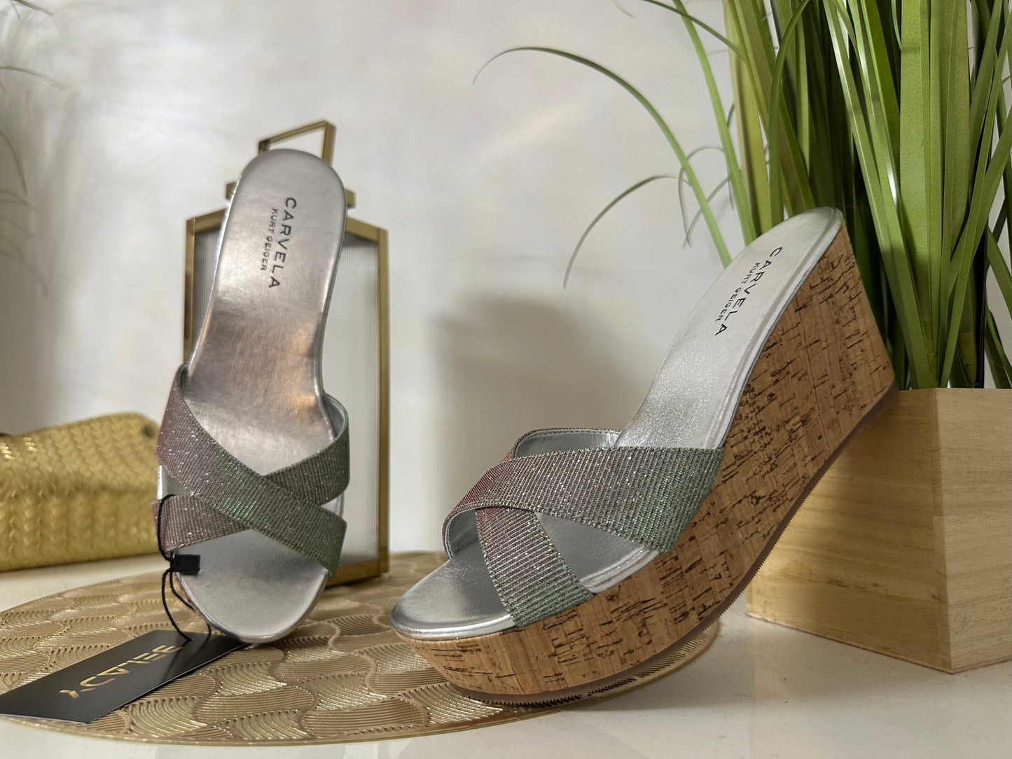 CARVELA ezüst - pink - zöld csillogó magas talpú szandál/papucs - BELADY