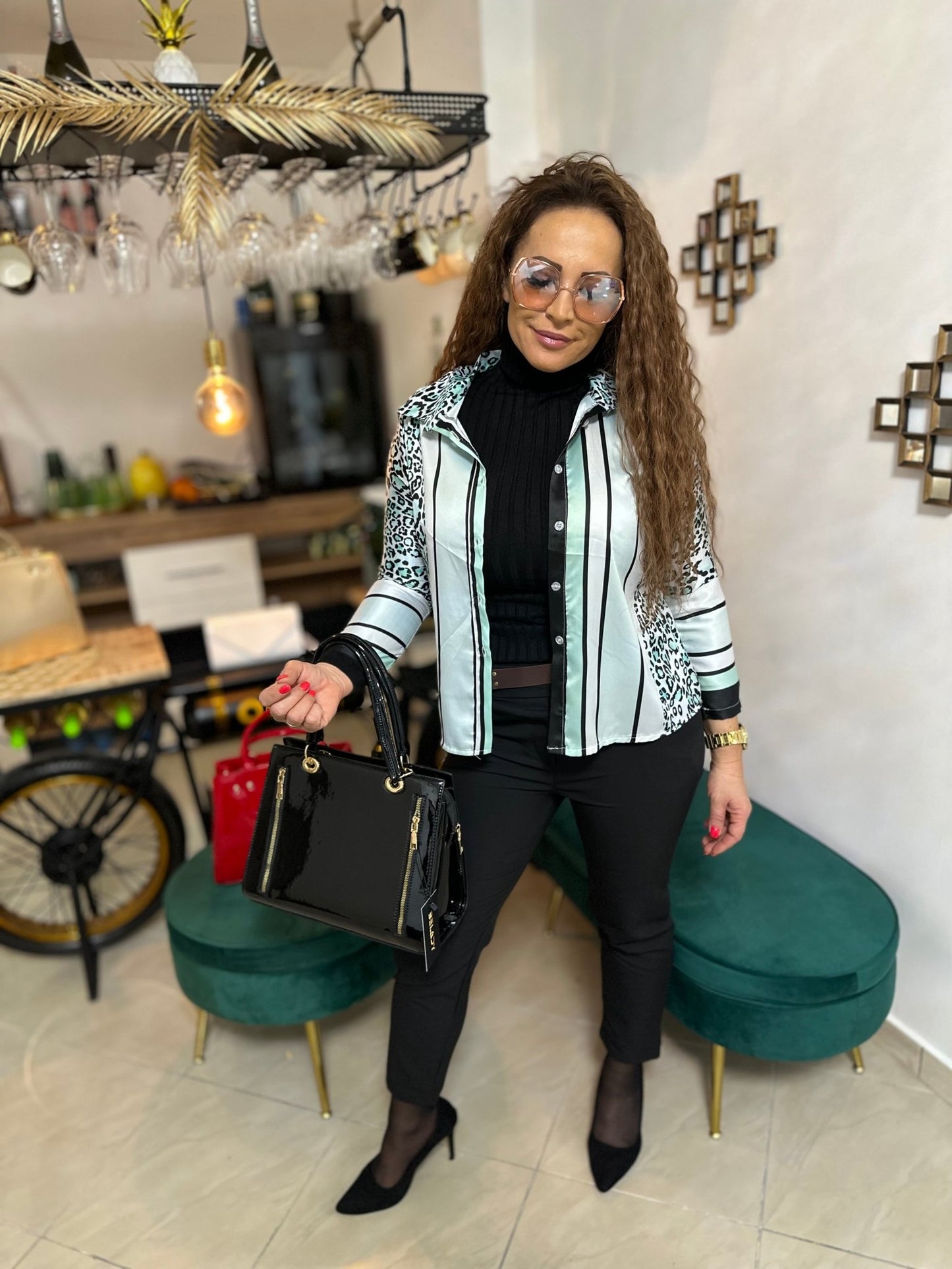 ELENORA leopárd mintás zöld blúz/felső - BELADY