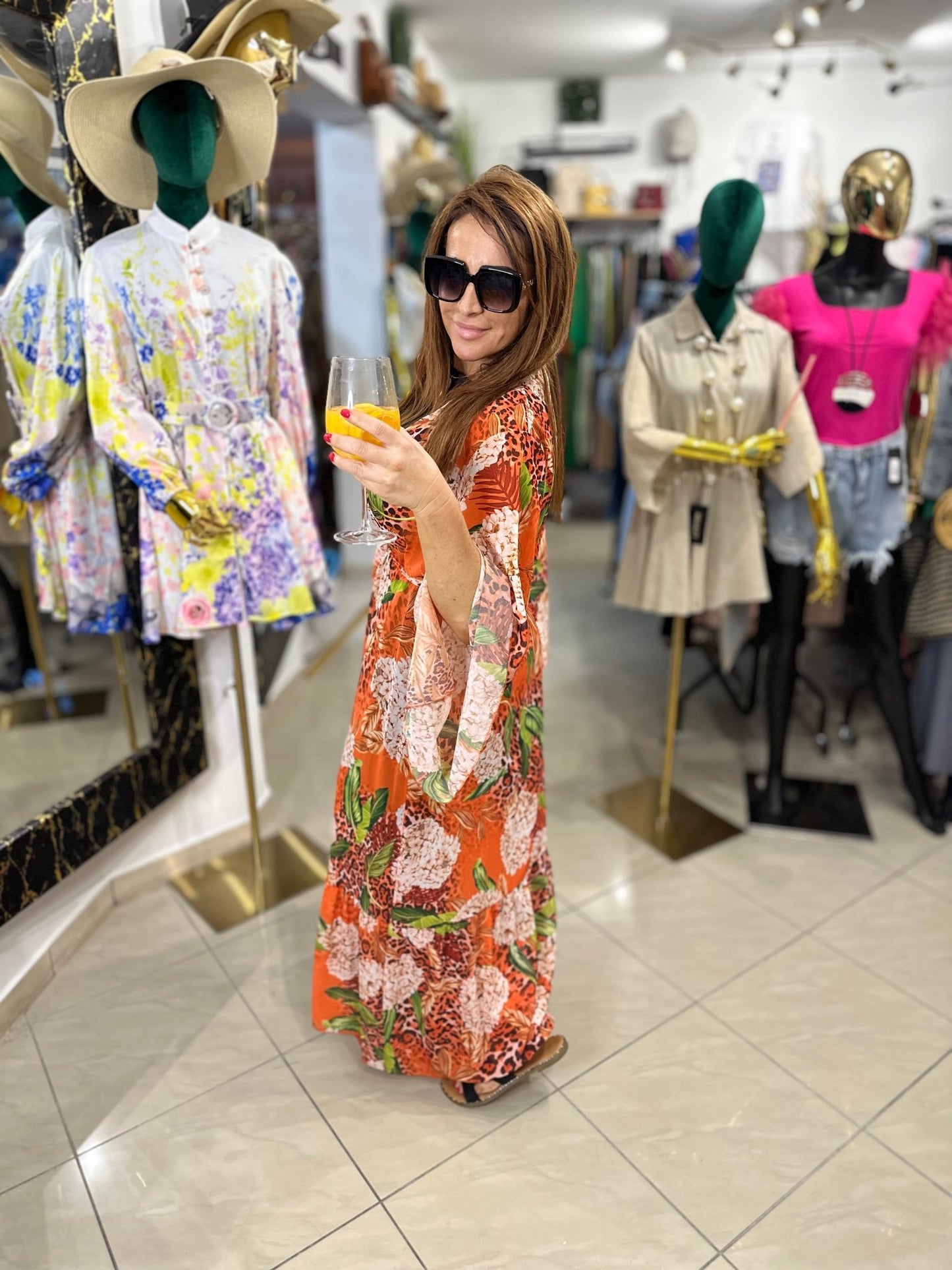 FERNANDA narancssárga virág mintás ocelot nyári kimono / köntös / ruha - BELADY