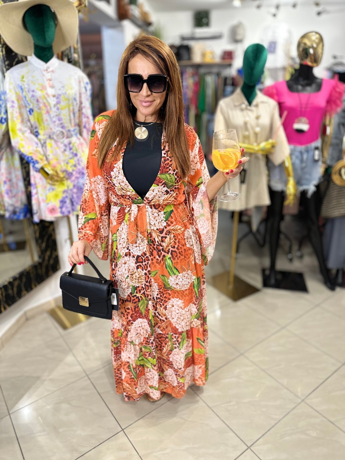 FERNANDA narancssárga virág mintás ocelot nyári kimono / köntös / ruha - BELADY