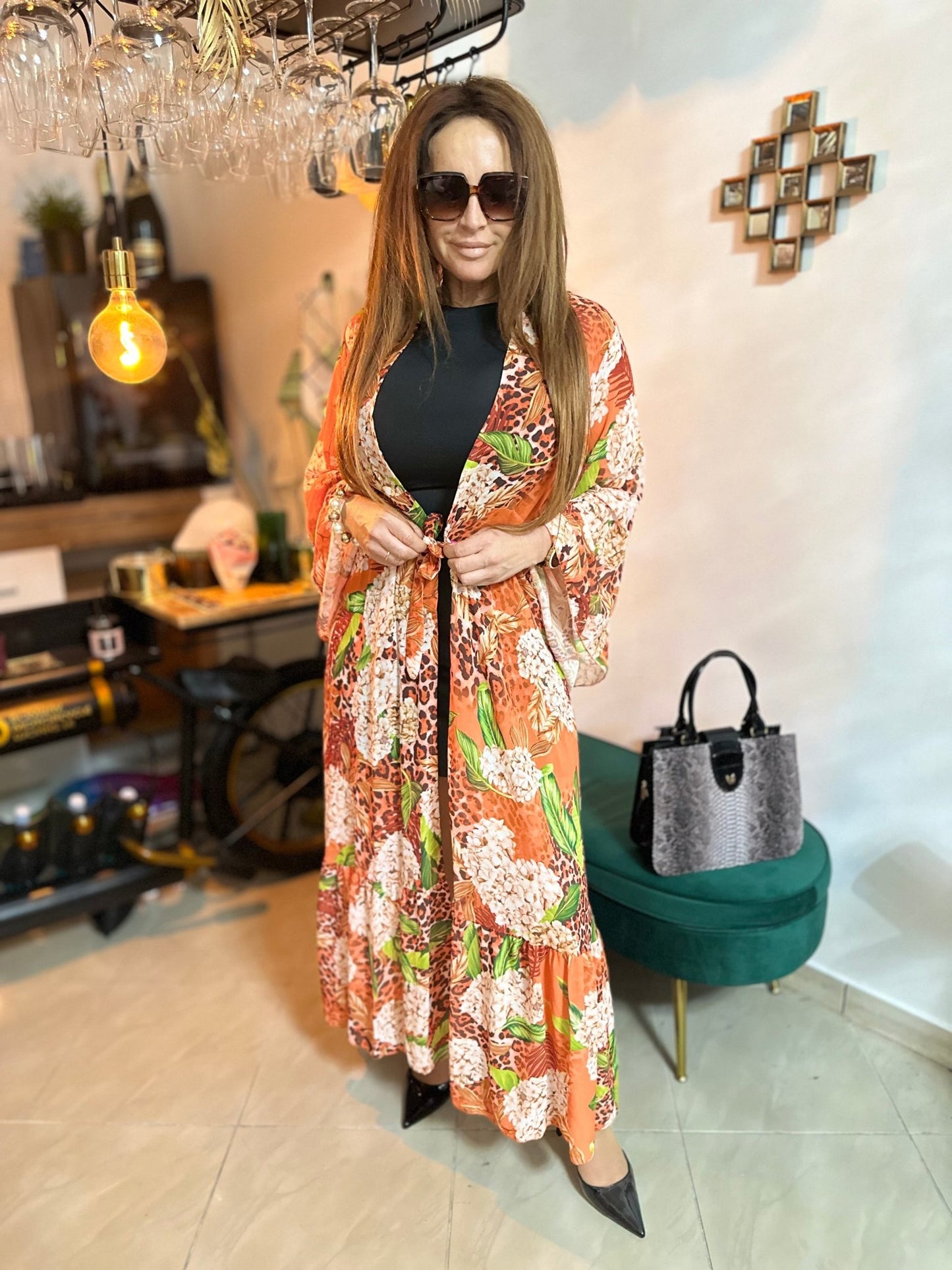 FERNANDA narancssárga virág mintás ocelot nyári kimono / köntös / ruha - BELADY