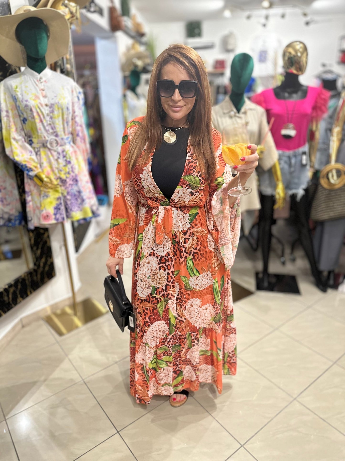 FERNANDA narancssárga virág mintás ocelot nyári kimono / köntös / ruha - BELADY