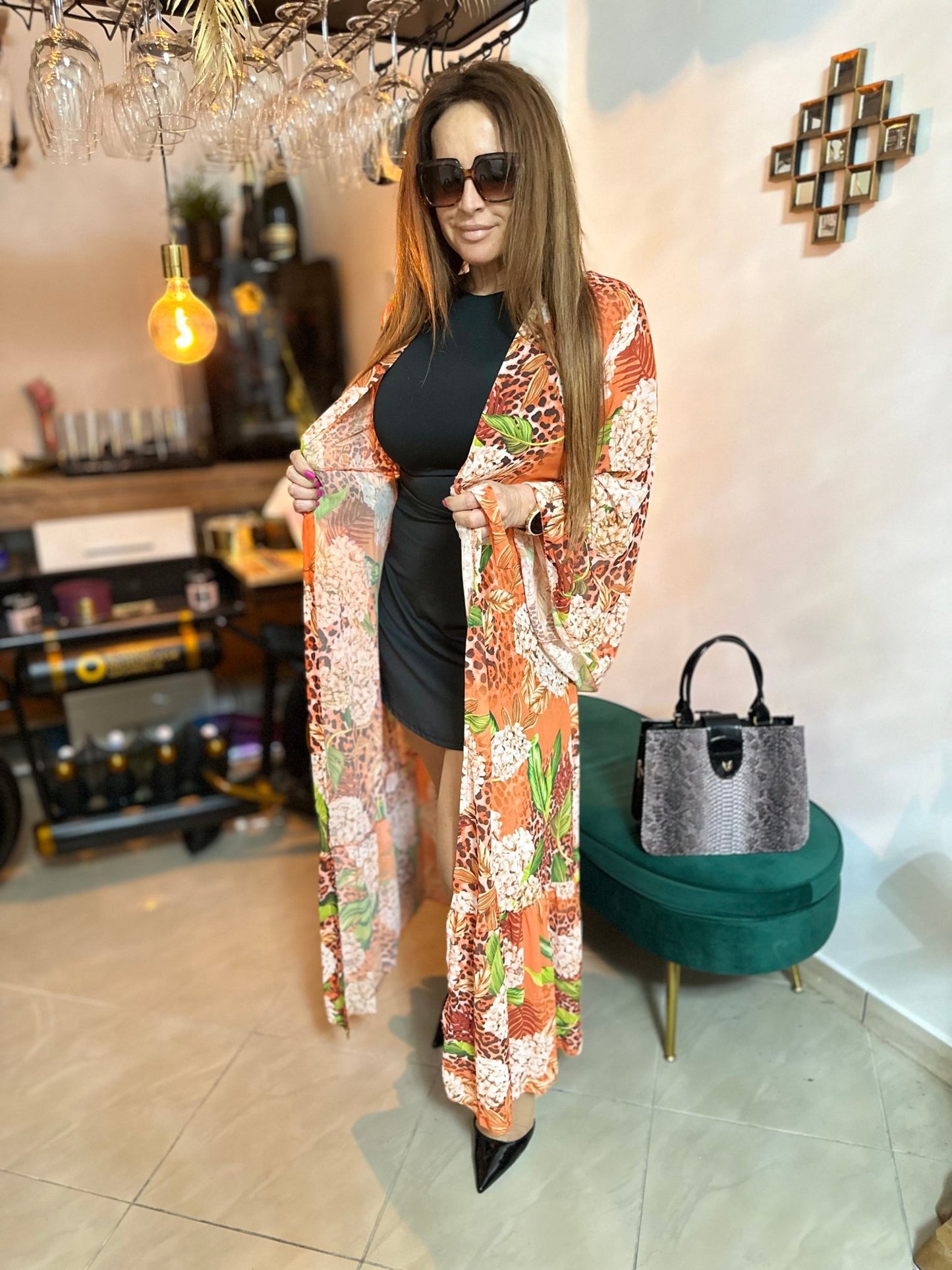 FERNANDA narancssárga virág mintás ocelot nyári kimono / köntös / ruha - BELADY
