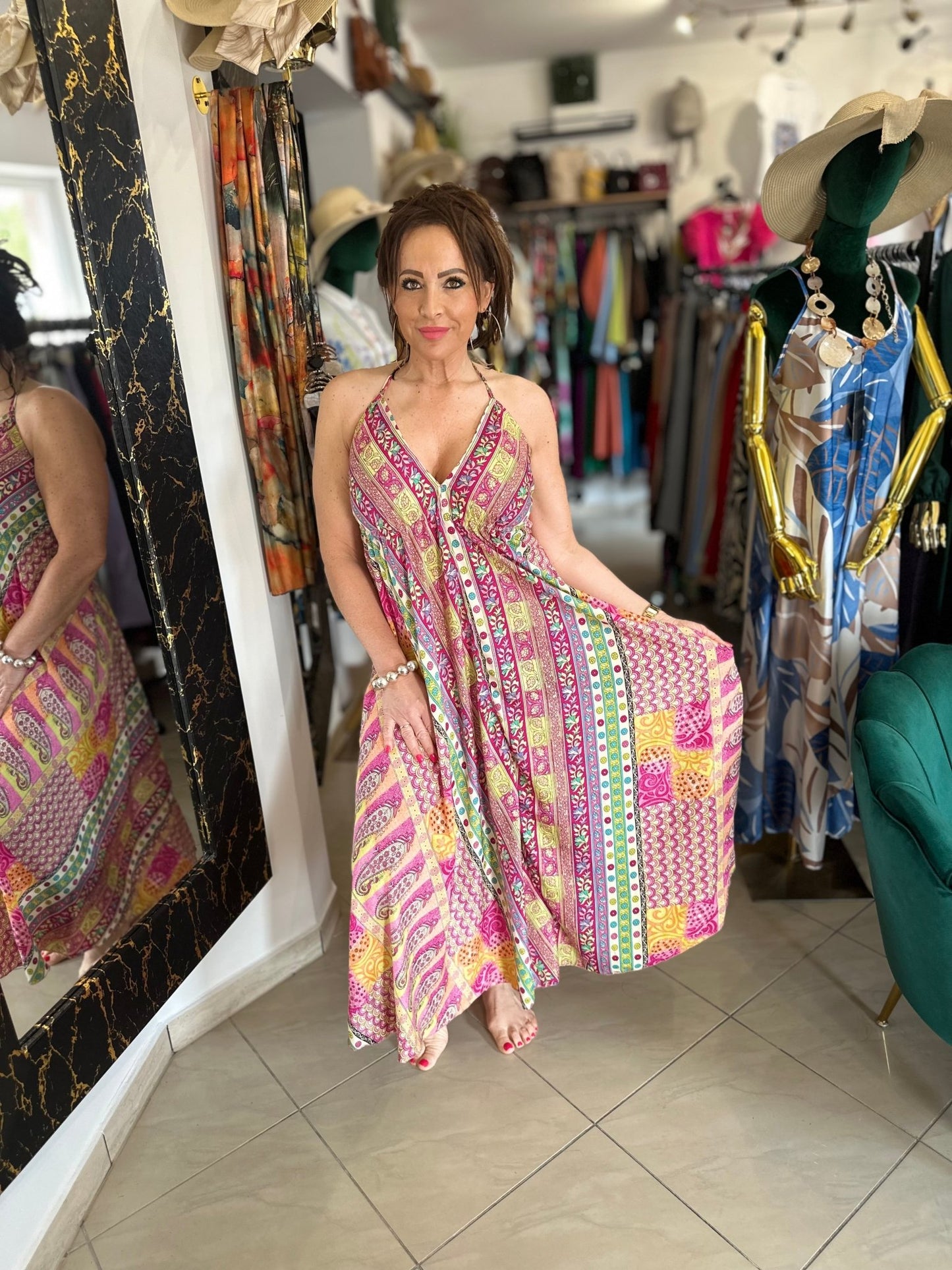 IRINA pink narancs zöld indiai mintás ruha - BELADY