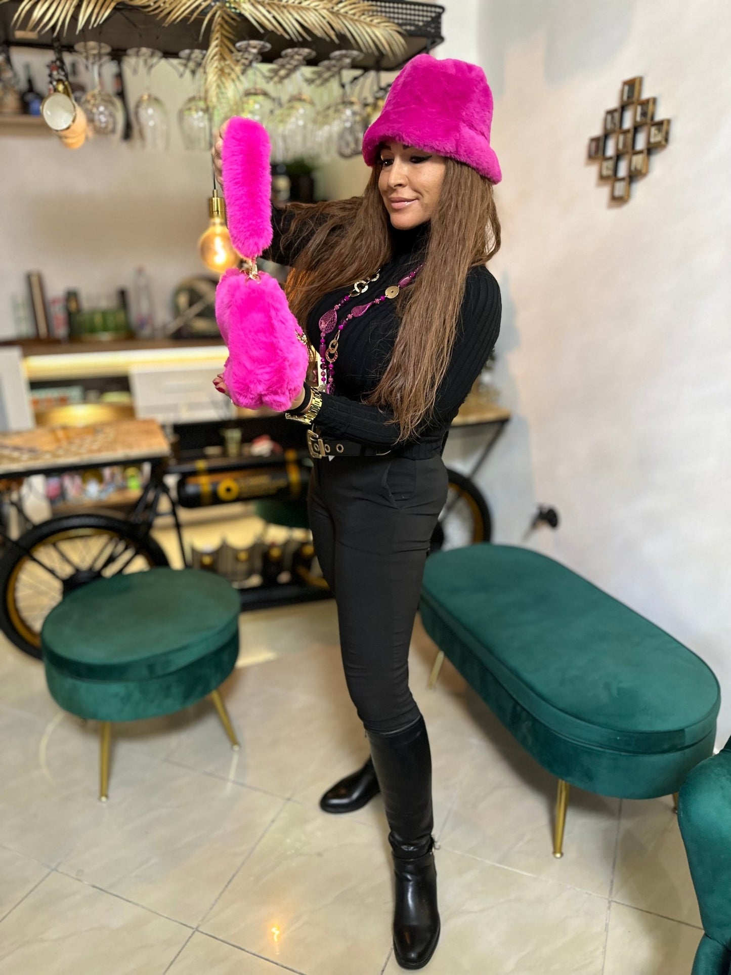 LINA pink - arany szőrme táska - BELADY