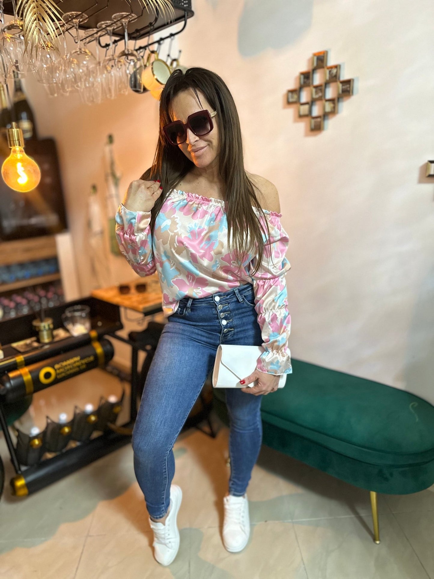 LIZA virágos bézs babakék pink színű blúz / felső - BELADY