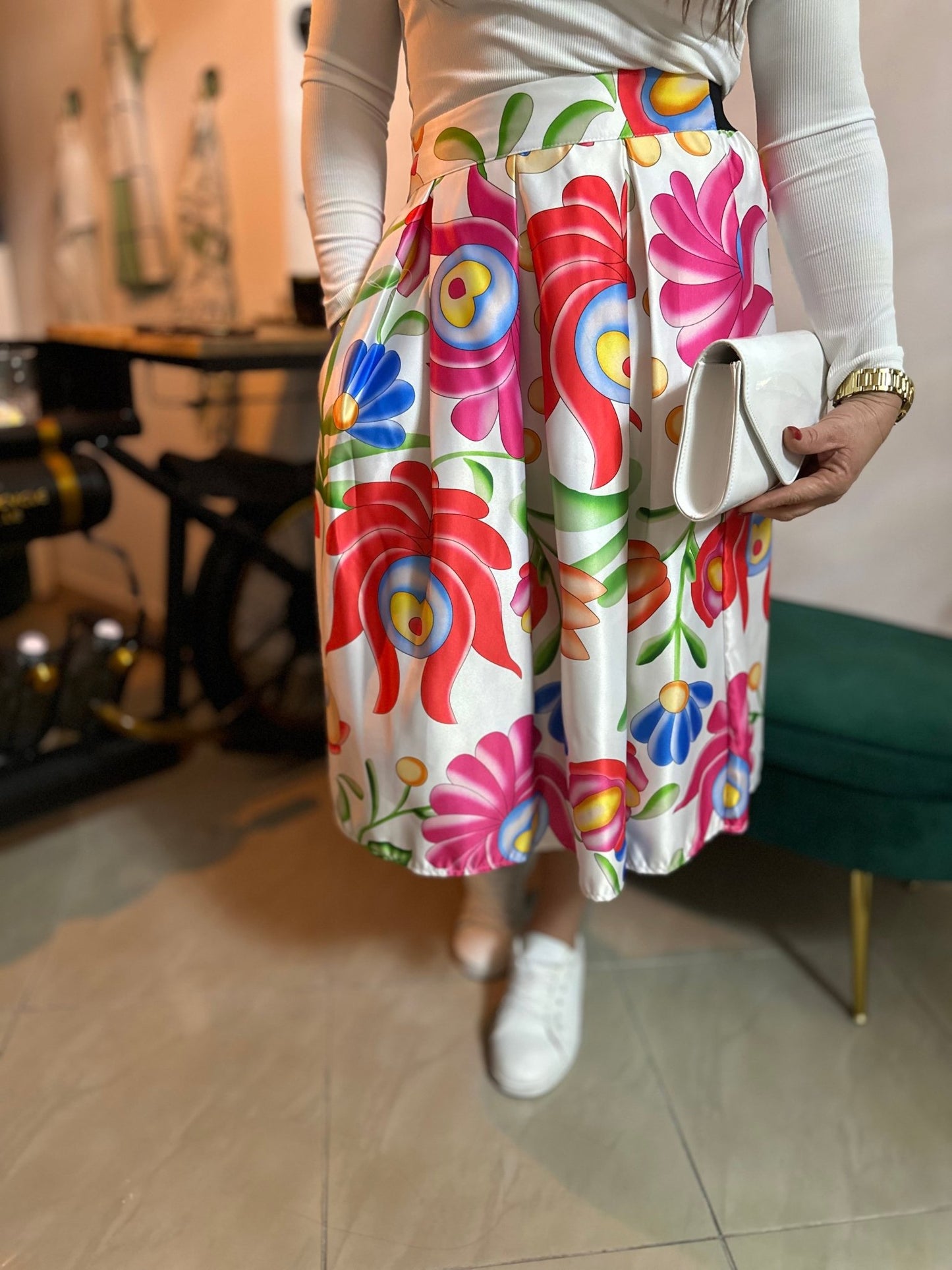 LIZI fehér virág mintás gumis szoknya - BELADY