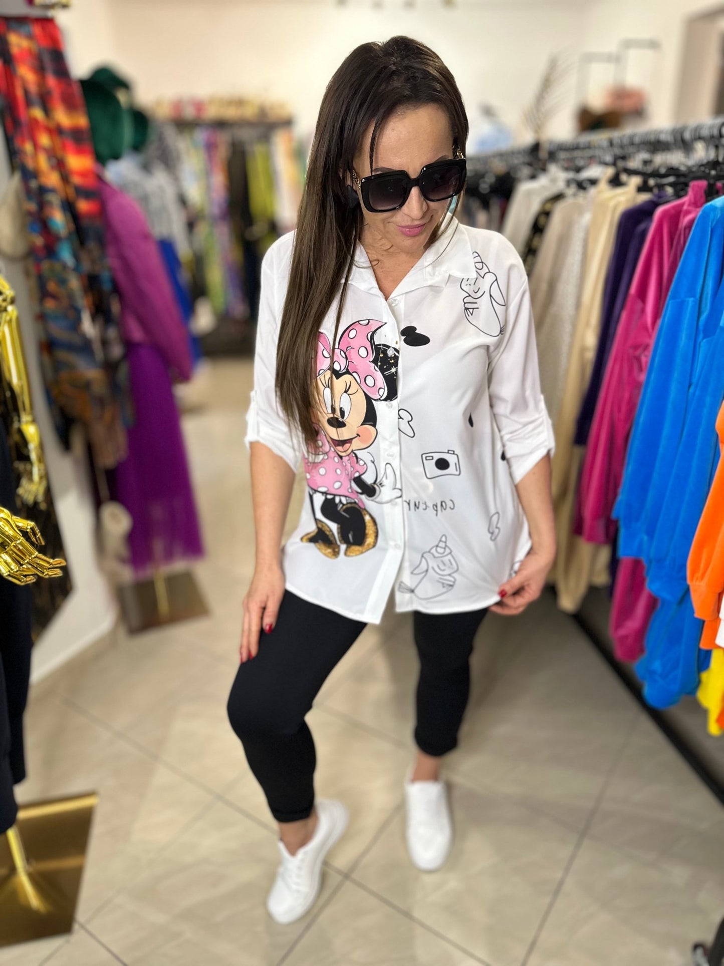 MICKEY MINNIE fekete fehér pink mintás ing / felső - BELADY
