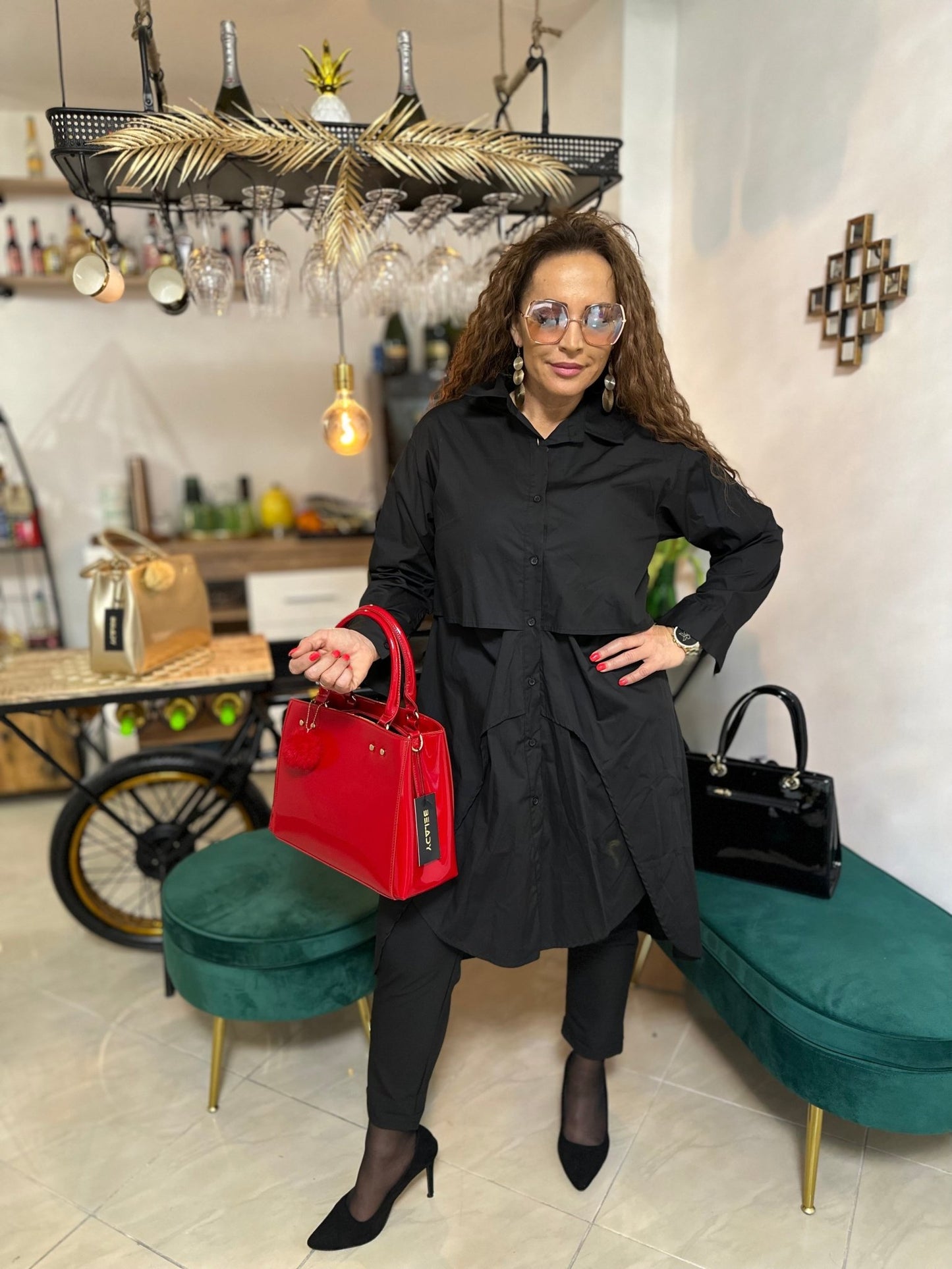 RACHELLE fekete színű gombos hosszított egyedi ing/ingruha - BELADY