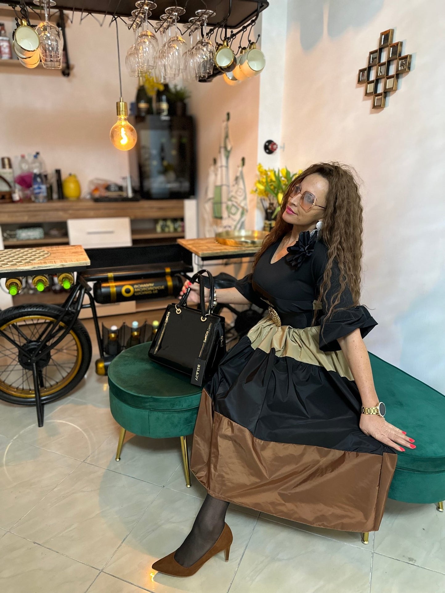SAMANTHA fekete - barna - bézs elegáns hosszú ruha - BELADY