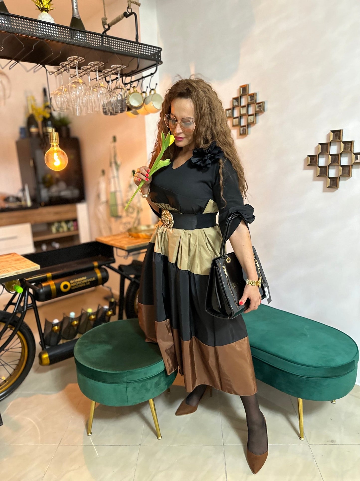 SAMANTHA fekete - barna - bézs elegáns hosszú ruha - BELADY