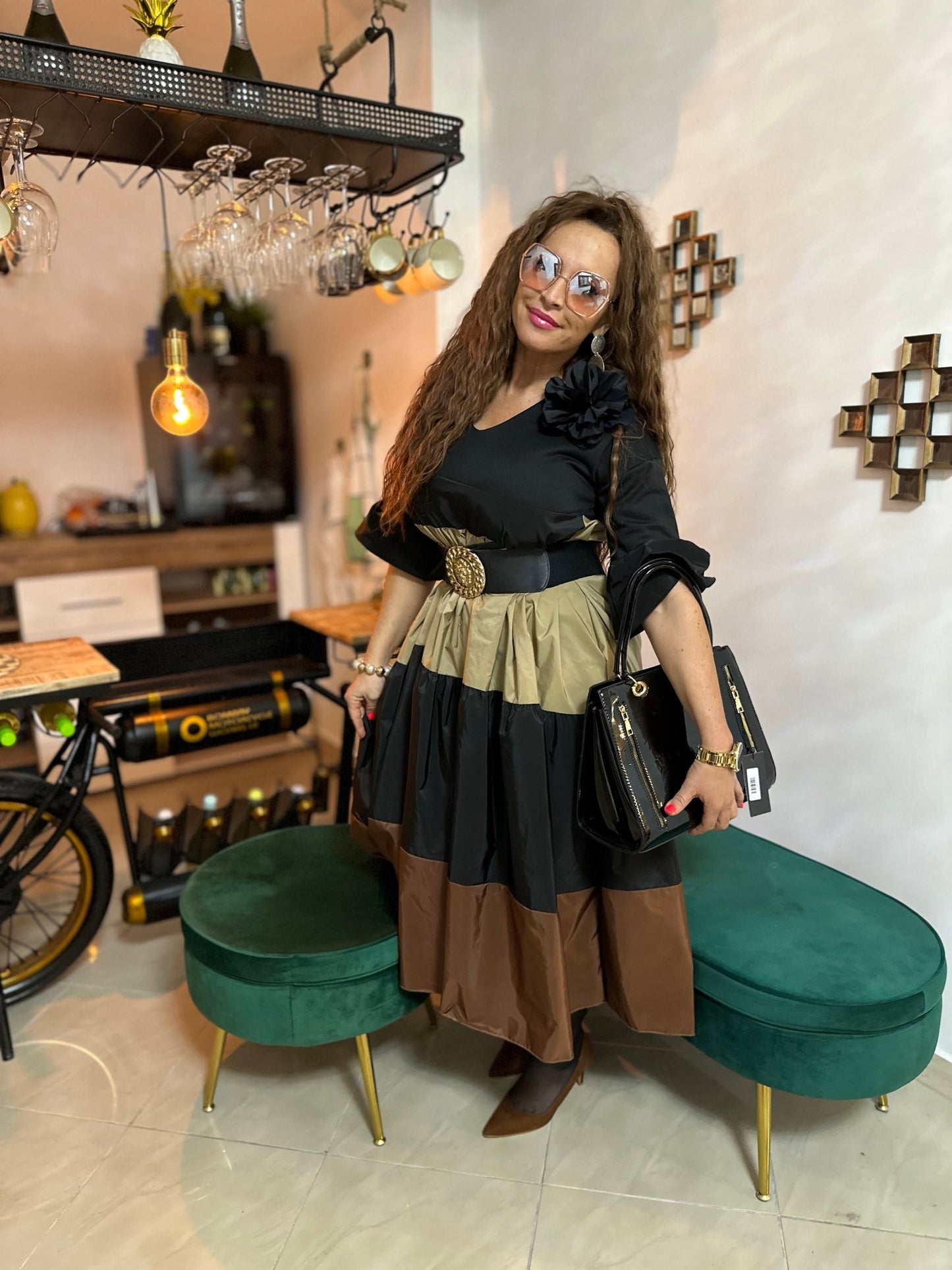 SAMANTHA fekete - barna - bézs elegáns hosszú ruha - BELADY