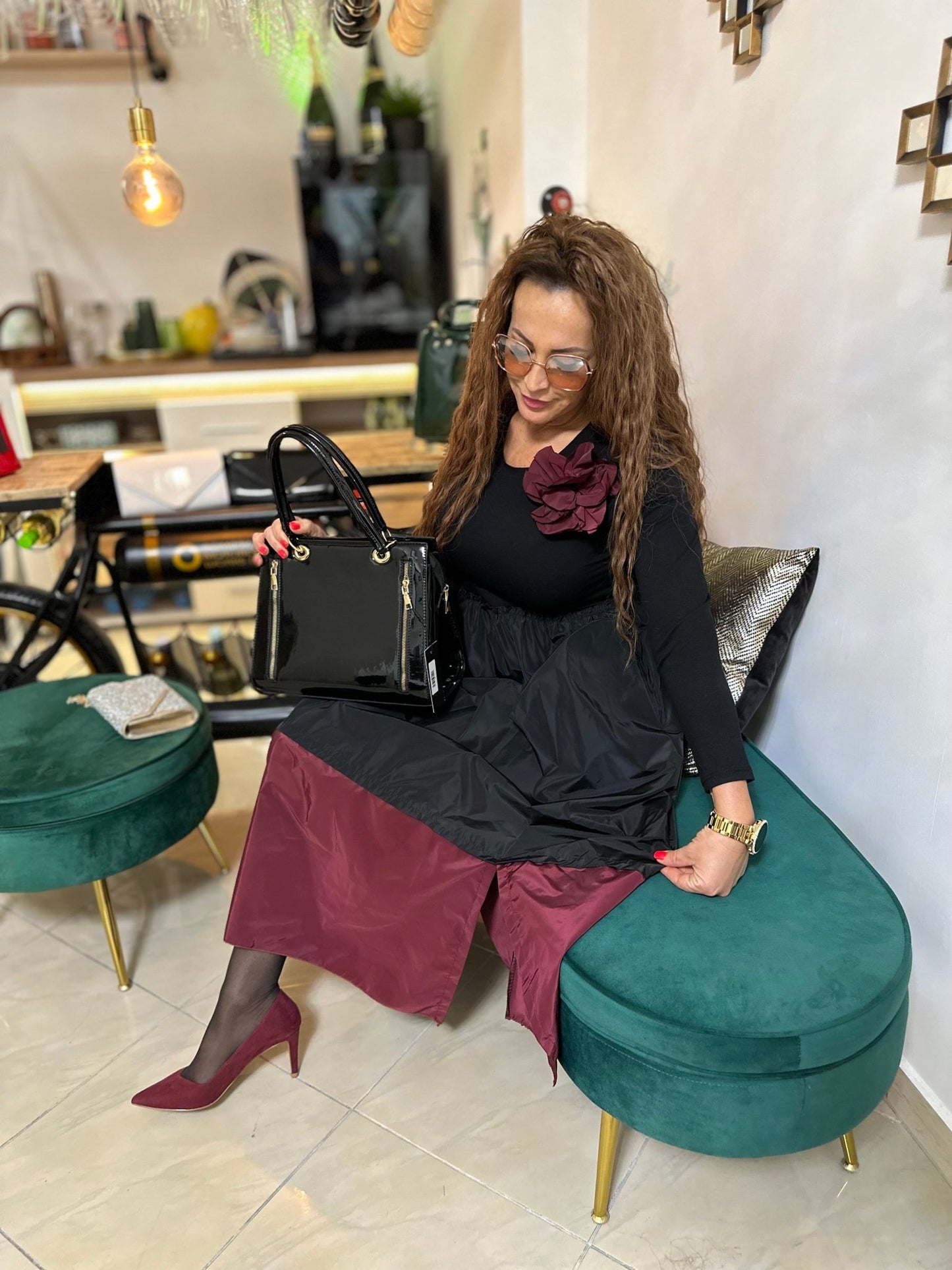 SAMANTHA fekete - bordó elegáns hosszú ruha - BELADY