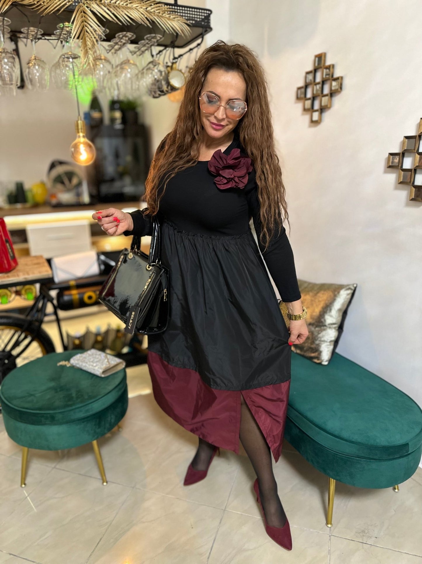 SAMANTHA fekete - bordó elegáns hosszú ruha - BELADY