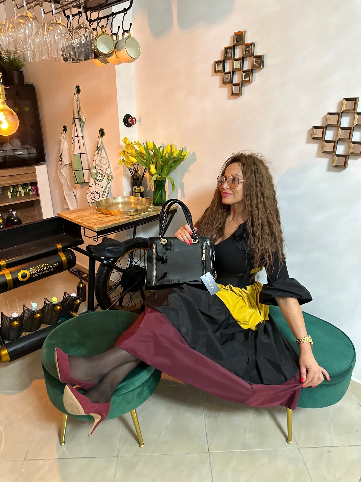 SAMANTHA fekete - sárga - bordó elegáns hosszú ruha - BELADY