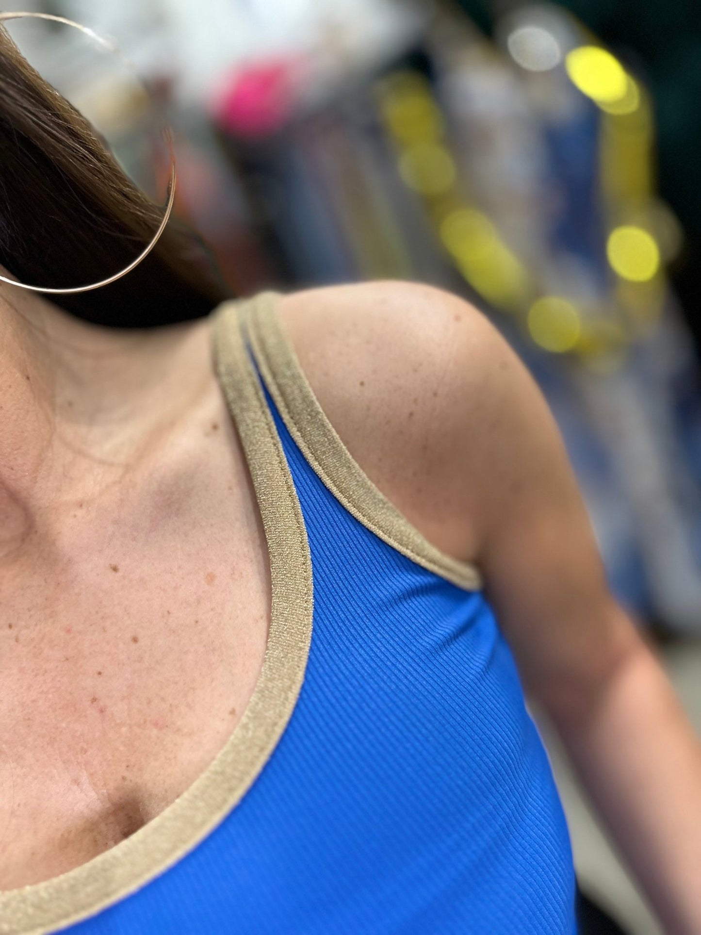 STELLA kék arany csillogó ujjatlan felső, trikó - BELADY
