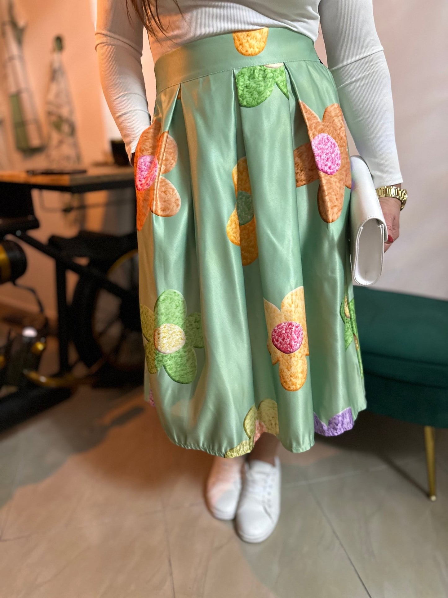 SUZANA almazöld virág mintás gumis szoknya - BELADY