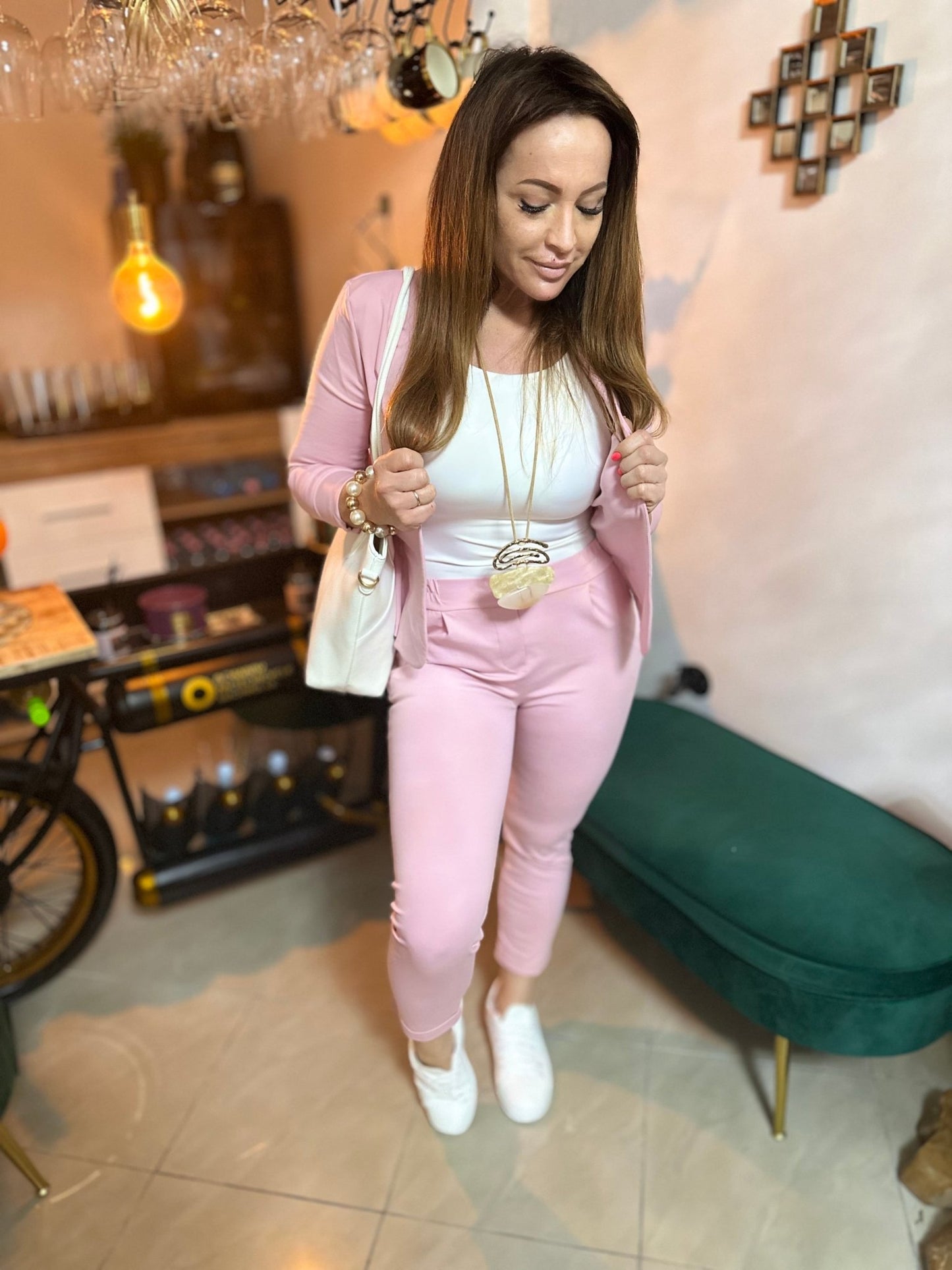 VALENCIA világos pink / rózsaszín elasztikus nadrág kosztüm szett - BELADY