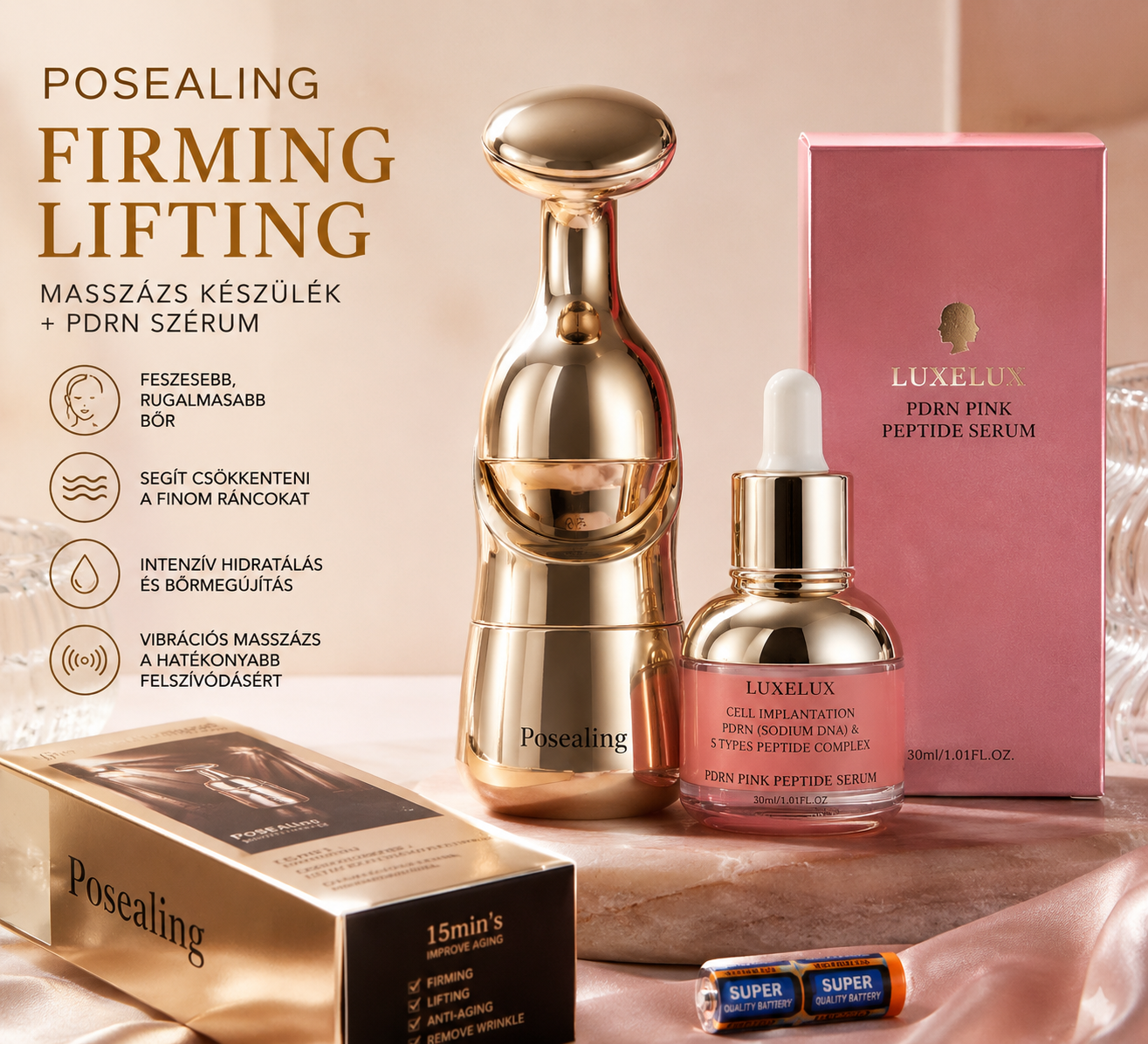 Posealing Firming Lifting készülék + LUXELUX PDRN Pink Peptide Serum csomag