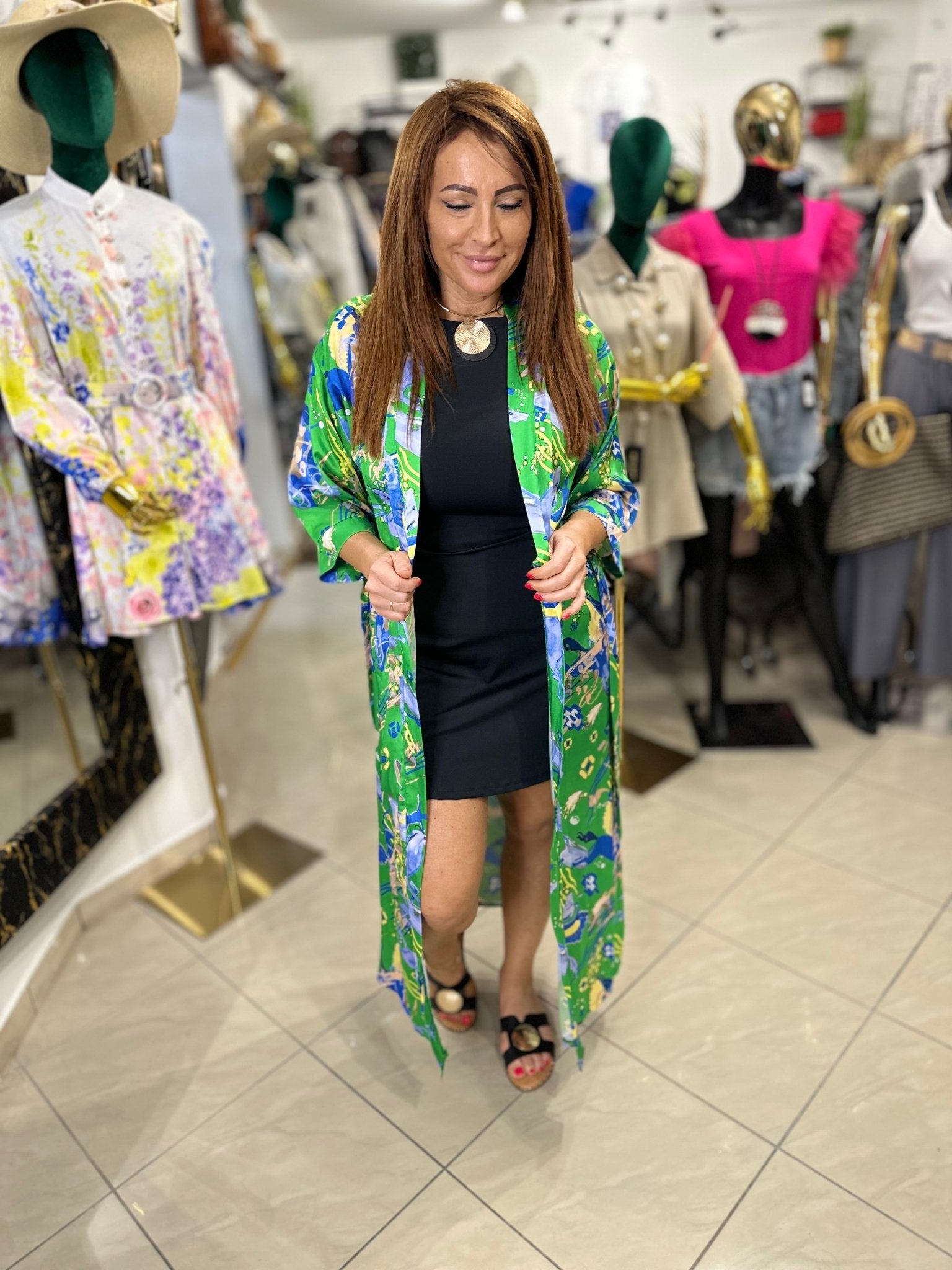 AFRODITE zöld kék mintás nyári kimono / köntös / ruha - BELADY
