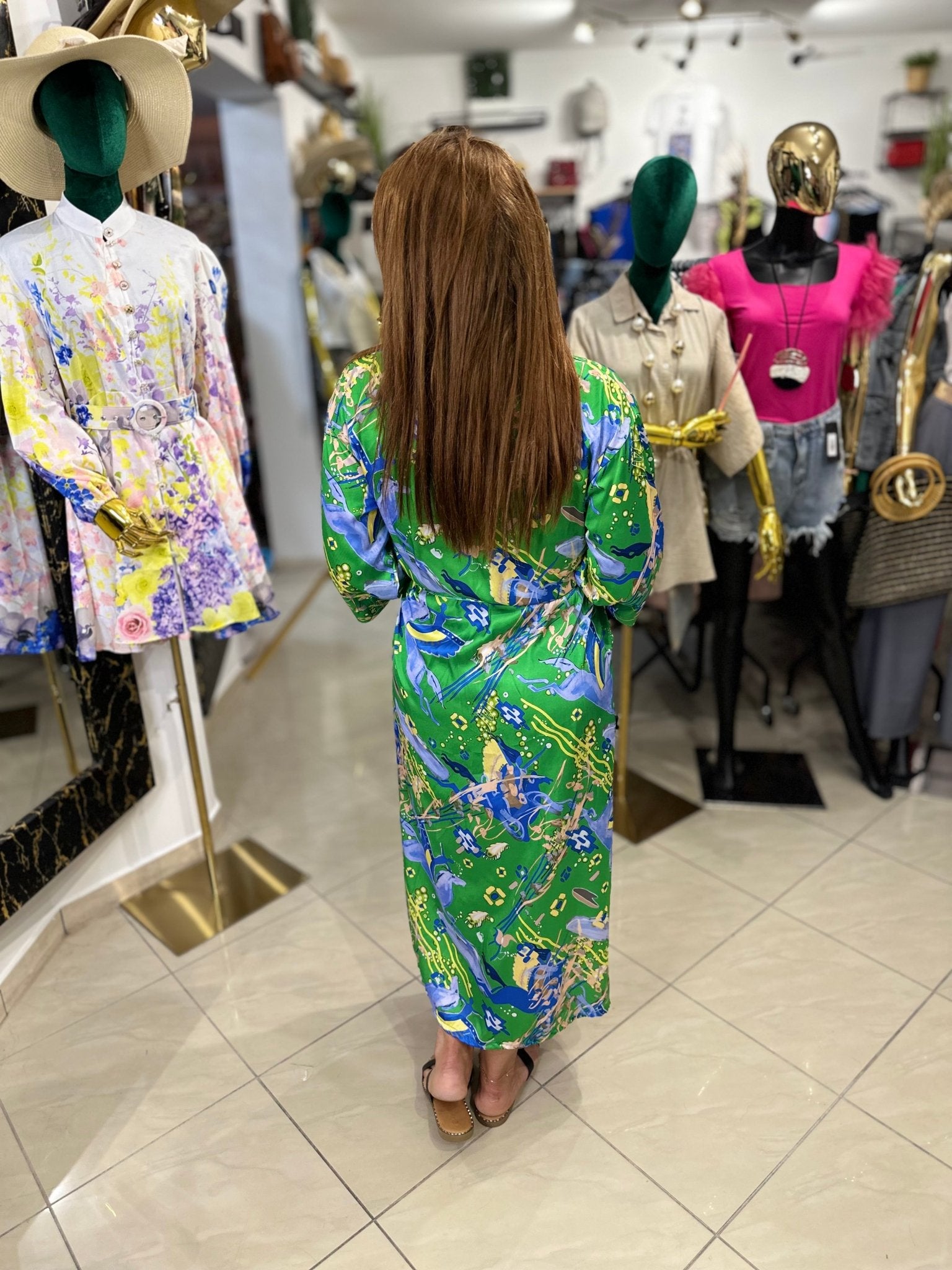 AFRODITE zöld kék mintás nyári kimono / köntös / ruha - BELADY