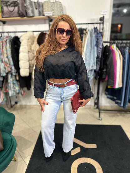 ANETTA bő szárú világos farmer nadrág bordó övvel - BELADY