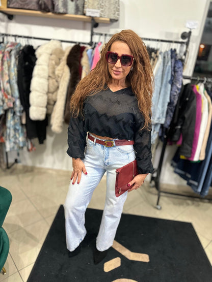 ANETTA bő szárú világos farmer nadrág bordó övvel - BELADY