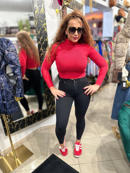 ANGELA hosszú ujjú piros felső, cropp garbó - BELADY