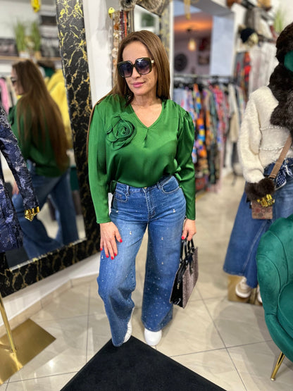 ANNA zöld felső rózsa kitűzővel - BELADY