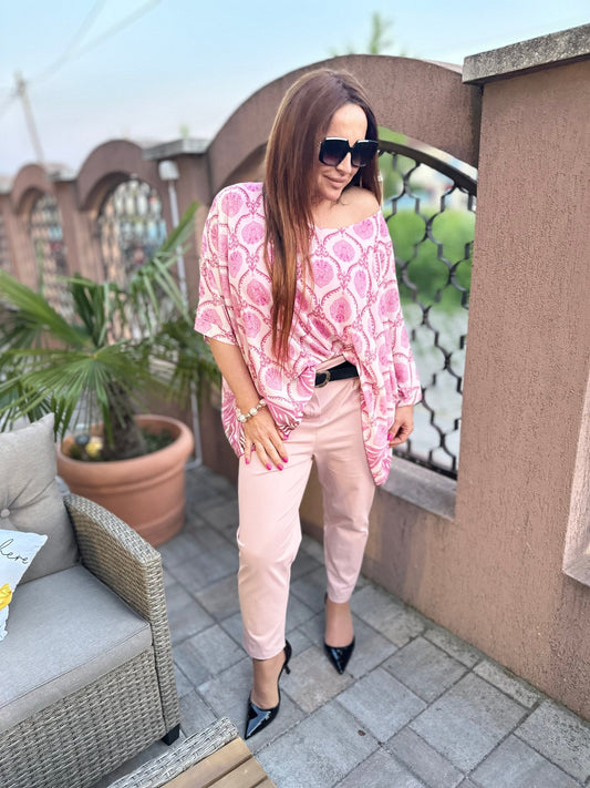 DEBORA fehér pink virágmintás bő fazonú felső - BELADY