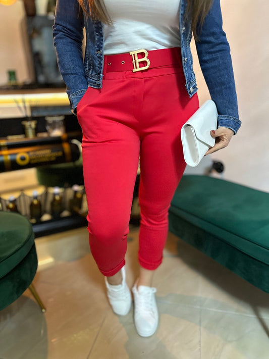 ELSA piros elasztikus tavaszi nadrág övvel - BELADY