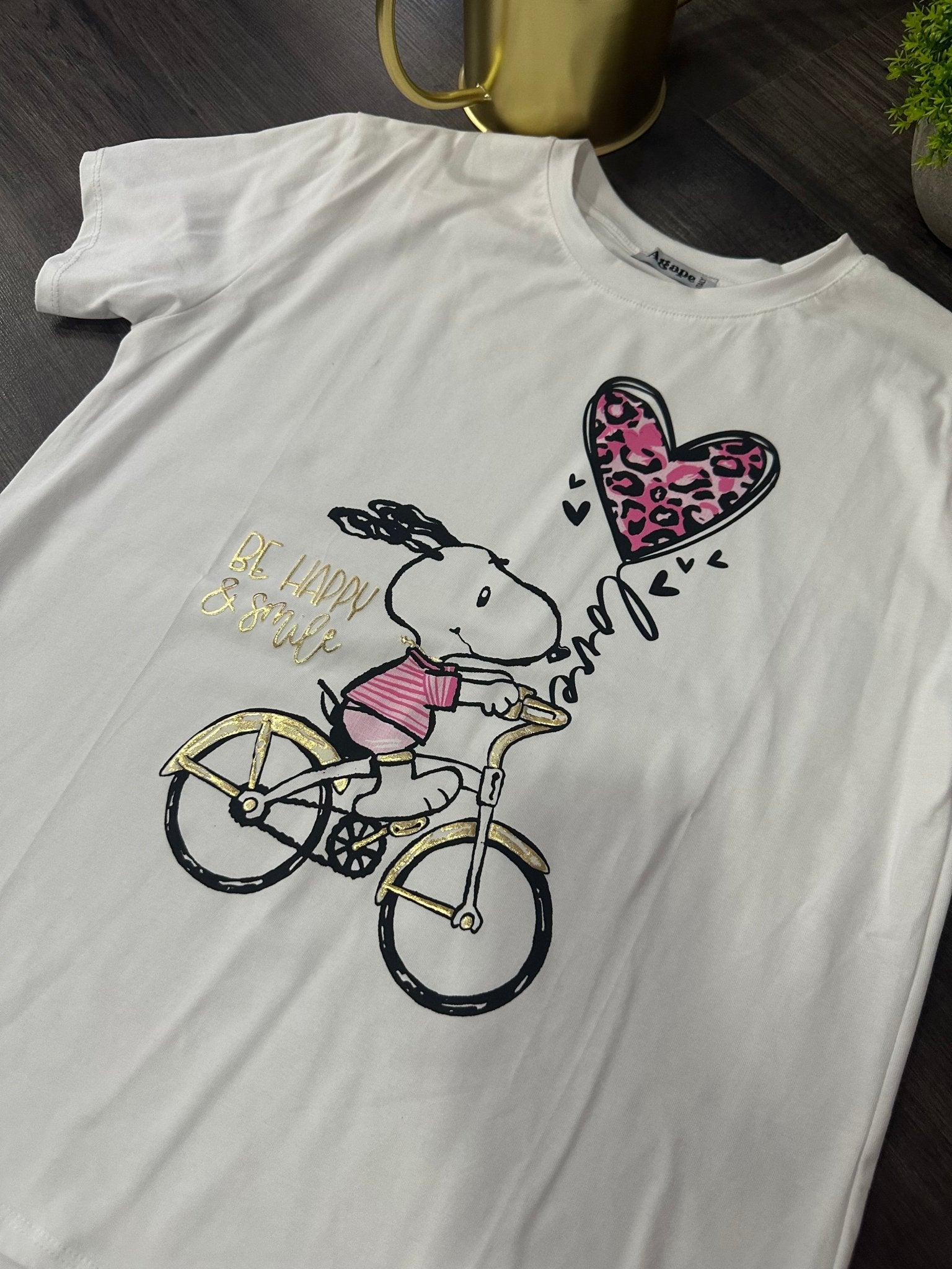 Fehér pink arany SNOOPY kerékpáros mintás póló - BELADY