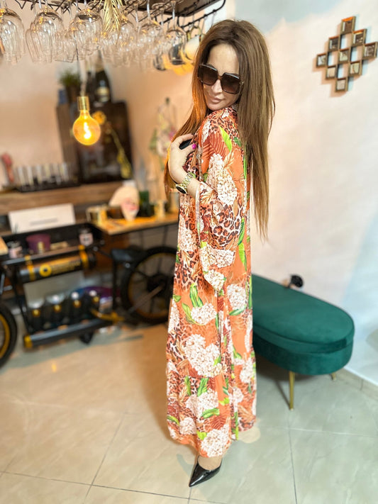 FERNANDA narancssárga virág mintás ocelot nyári kimono / köntös / ruha - BELADY