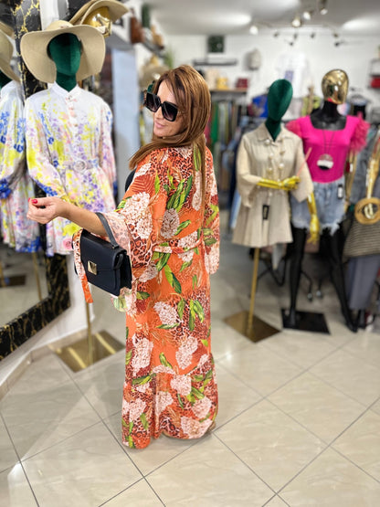 FERNANDA narancssárga virág mintás ocelot nyári kimono / köntös / ruha - BELADY