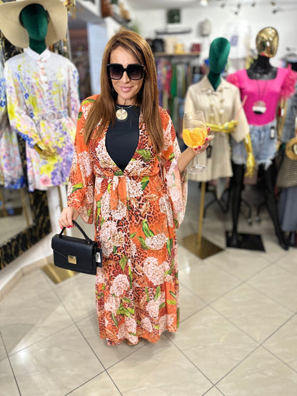 FERNANDA narancssárga virág mintás ocelot nyári kimono / köntös / ruha - BELADY