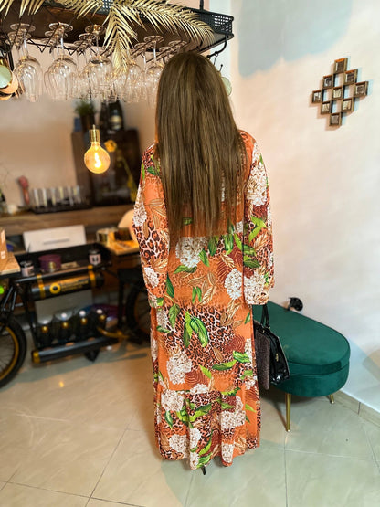 FERNANDA narancssárga virág mintás ocelot nyári kimono / köntös / ruha - BELADY