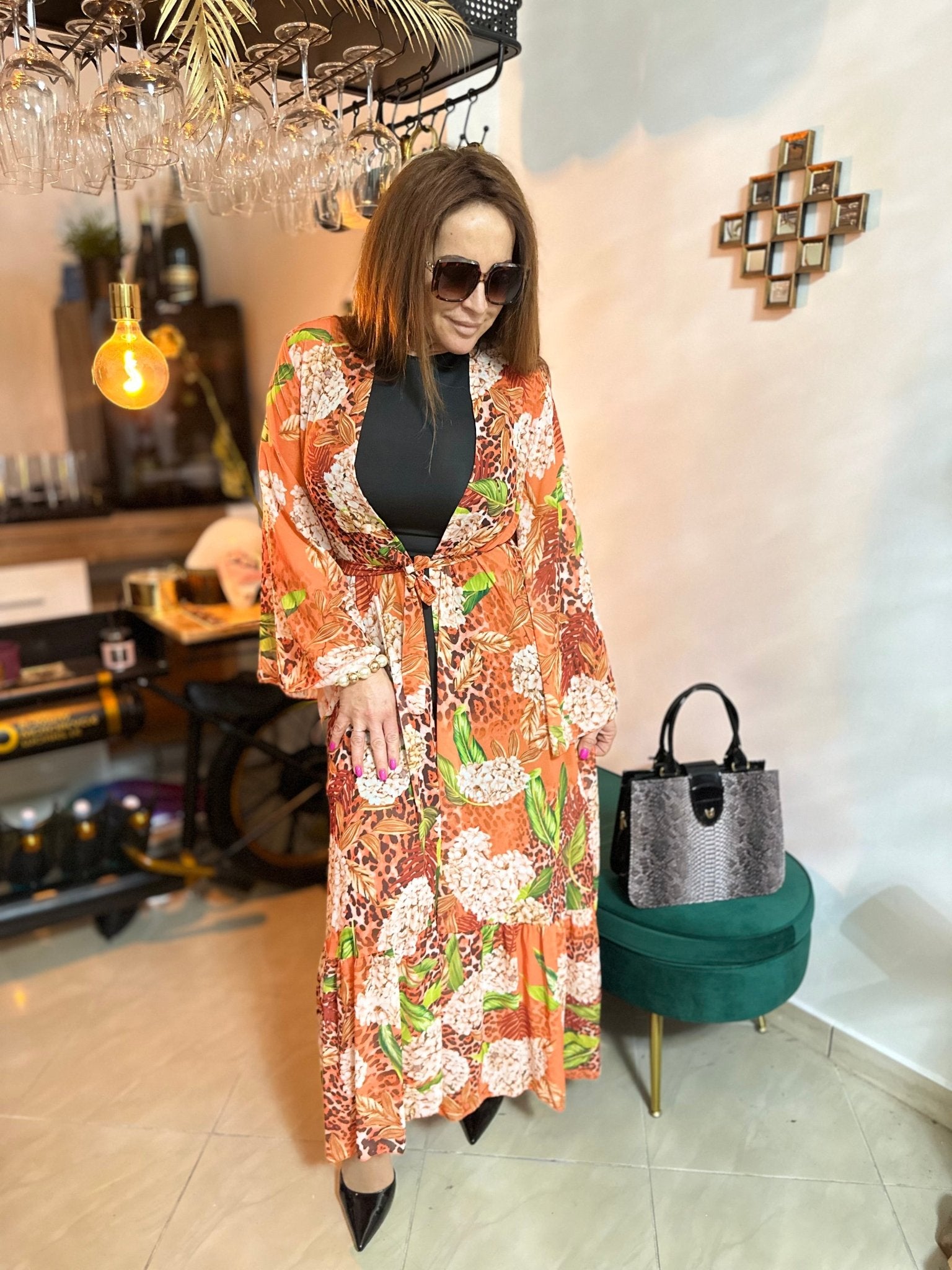 FERNANDA narancssárga virág mintás ocelot nyári kimono / köntös / ruha - BELADY