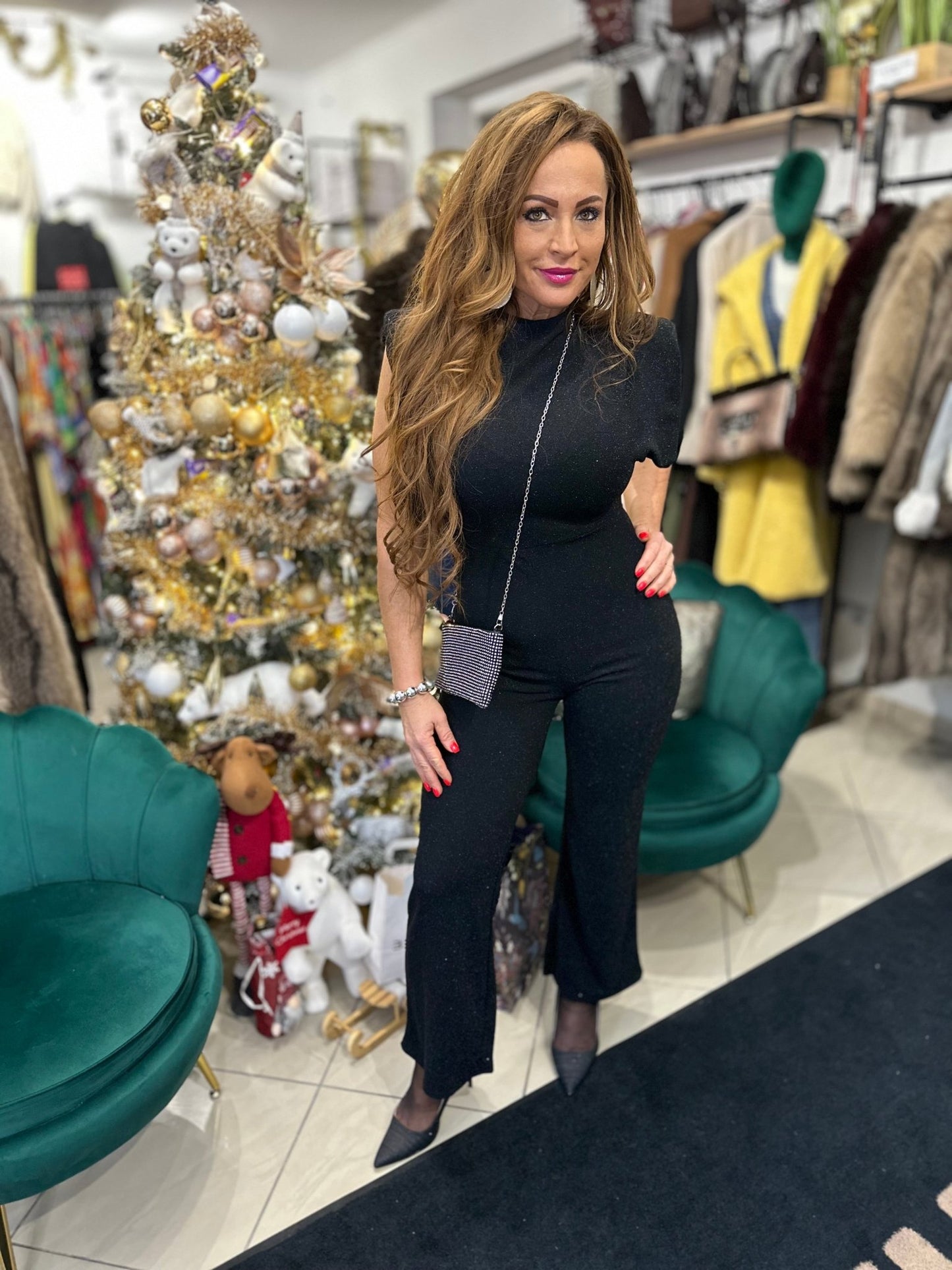 GLÓRIA fekete ezüst csillogó ünnepi overál - BELADY