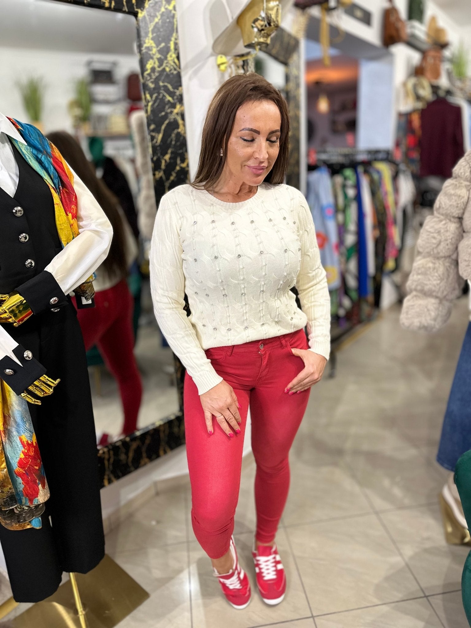 GYÖNGYI krém köves gyöngyös egyedi pulóver - BELADY