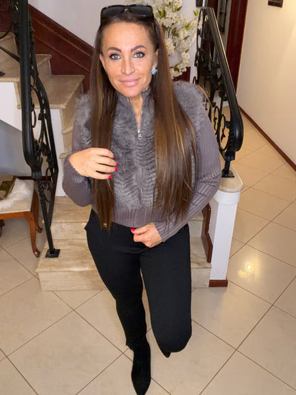 JELENA szürke cipzáros szőrme bunda kabát - BELADY