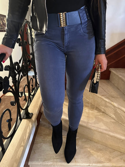 LARISSA kék skinny elasztikus farmer nadrág övvel - BELADY